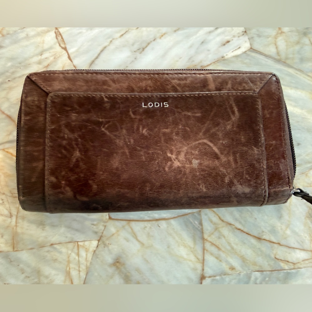 Lodis Dark Brown Distressed Leather Zip Wallet